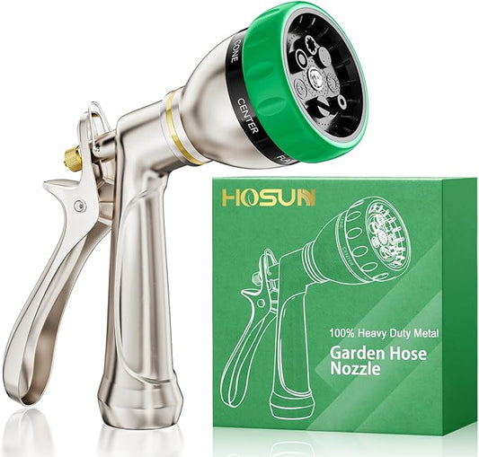 HOSUN 100% Metal Heavy Duty Garden Hose Nozzle Sprayer | 7 Spray Patterns, Lockable Rear Trigger, High Pressure for Plant Watering, Lawn Care, Car Washing & Pet Bathing