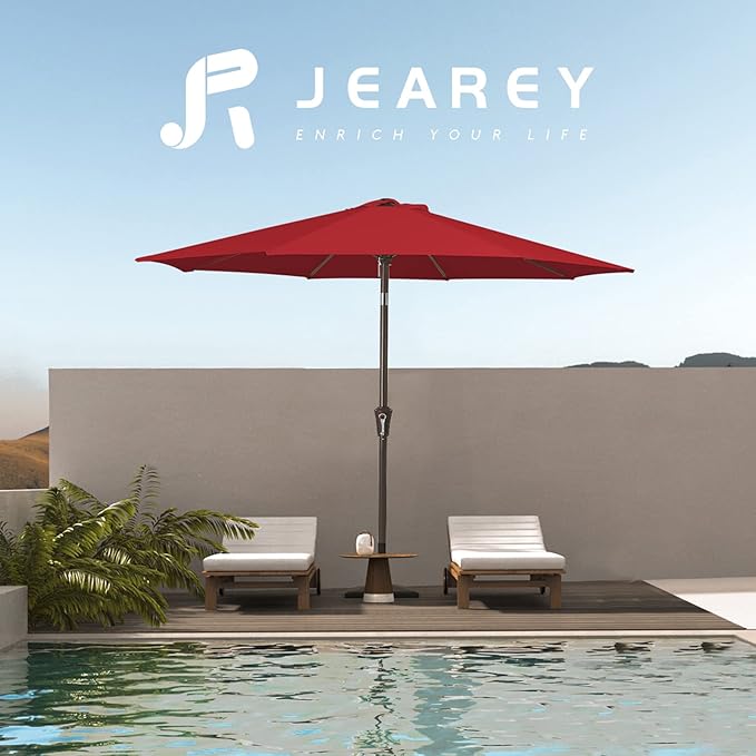 JEAREY 9FT Outdoor Patio Umbrella Outdoor Table Umbrella with Push Button Tilt and Crank, Market Umbrella 8 Sturdy Ribs UV Protection Waterproof for Pool, Garden (Red)