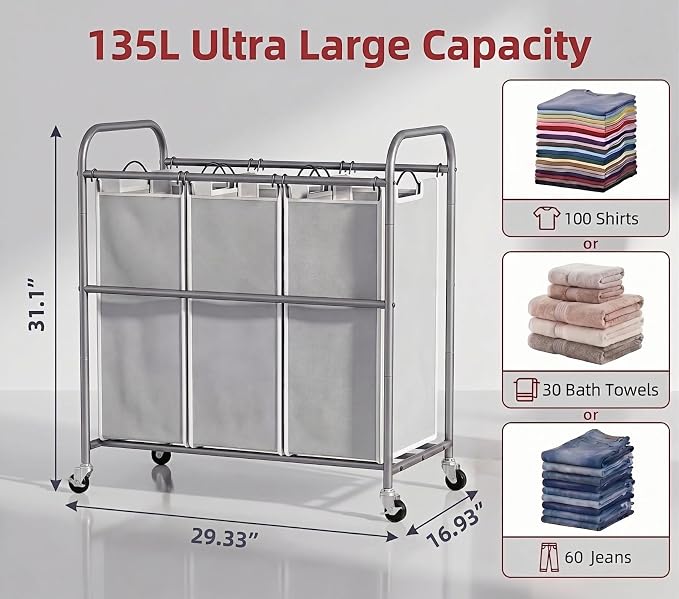 ROMOON Laundry Sorter Hamper 3 Section, Divided Laundry Basket Organizer | Rolling Clothes Hamper with Heavy Duty Lockable Wheels and Removable Bags for Apartment, Dorm & Family, 135L, Neutral Gray