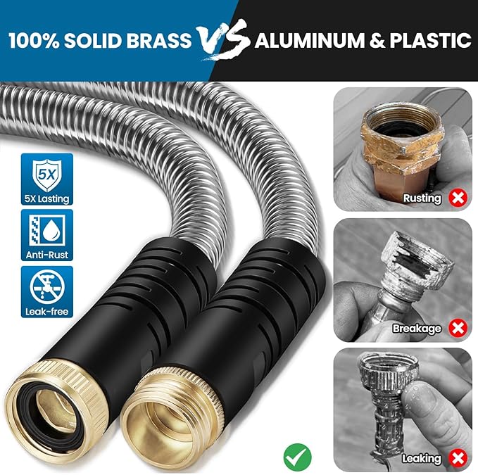 Metal Garden Hose 100FT, Stainless Steel Water Hose with 10 Function Nozzle, Solid Brass Fittings, Lightweight, Kink-Free & Dog Chew Proof for Lawn, Yard, RV, Car Wash, 550PSI