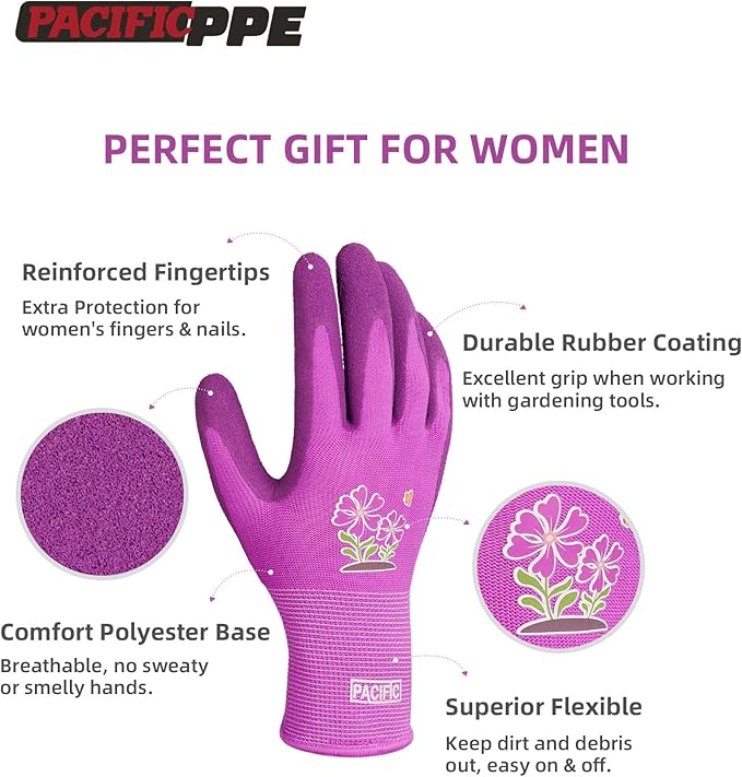 PACIFIC PPE 3 Pairs Gardening Gloves for women, Rubber Coated Garden Gloves, Ladies Yard Work Gloves, Breathable, Purple, Medium