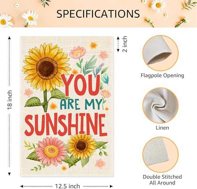 You Are My Sunshine Garden Flags for Outside, Funny Sunflower Spring Garden Flag, Porch Banner for Gardener, Outdoor Sunflower Yard Sign Front Porch Decor, Housewarming Gifts for Family