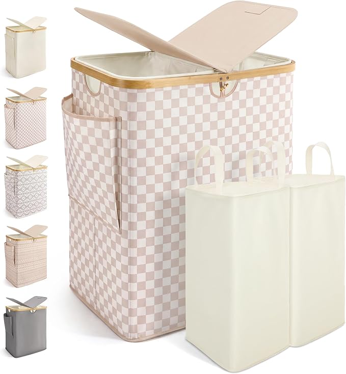 MIZATTO 2 Section Laundry Hamper with Lid, 140L Dirty Clothes Hamper | Double Laundry Basket with Bamboo Handles for Laundry Room, Bathroom, Bedroom, Clothes Hamper Dual Laundry Bin