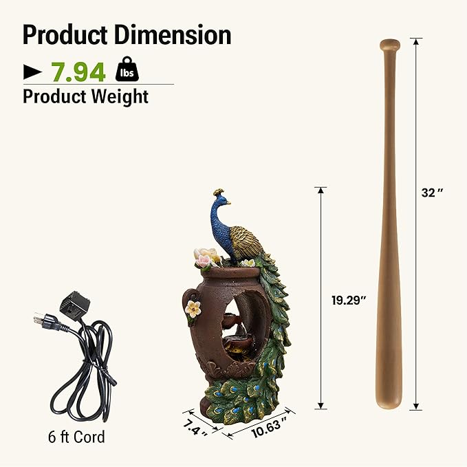 19-Inch Outdoor Water Fountain, 4-Tier Peacock and Cascading Bowls Resin Garden Fountain with Warm LED Light, Peacock Sculpture Water Feature for Garden, Yard, Patio, Deck, Lawn, Porch in Green