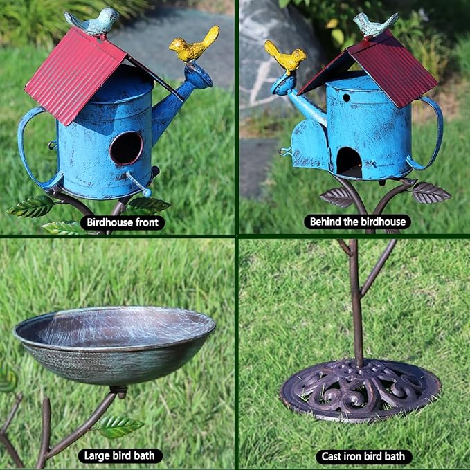 Metal Birdhouse Outdoor, Birdhouse Pole – Integrates Bird Feeder and Bird Bath, 3-in-1 Multi-Functional for Yard Decorations Outdoor, Cast Iron Base