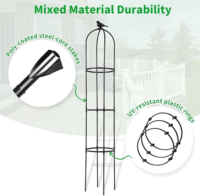 Lalahoni Garden Obelisk Trellis for Climbing Plants Outdoor, 6ft Round Rose Trellis for Pots, Metal Plant Support for Clematis, Jasmine, Ivy, Decorative Outdoor Trellis, Black, 1 Pack