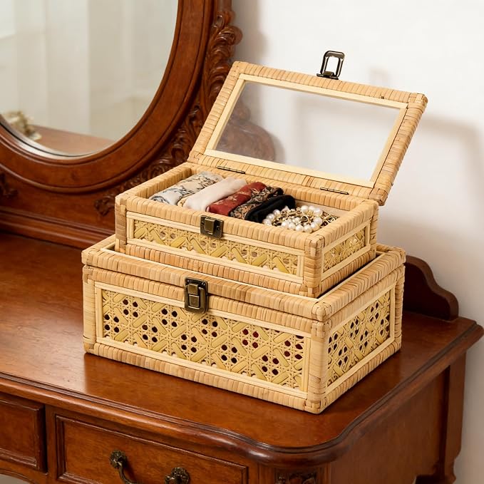 Decorative Rattan Box Handmade Boho Natural Wicker Woven Basket | with Clear Glass Lid Wooden Frame, Keepsake Jewelry Organizer, Rectangular Desk Cane Boxes, Closet Shelf Storage, Large