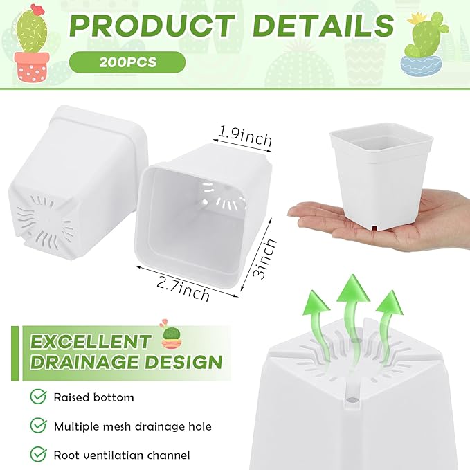 Yaomiao 200 Pack 3 Inch White Nursery Pot Square Flower Pots Plastic Plant Succulent Planter Seed Starting Pots with Drainage Holes for Garden Office Balcony Decor Indoor Outdoor Plant Seedling