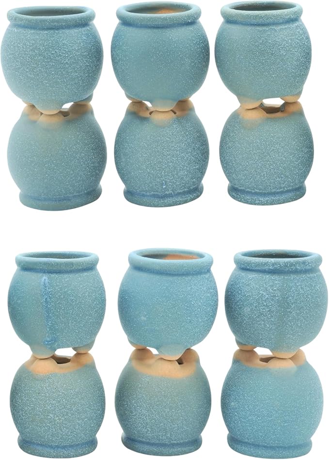 12-Pack 1.6" Wide Round Belly Succulent Pots with Large Drainage Hole - Rustic Morandi Stone Textured Ceramic Planters, Side-Tilted Stable Mini Pots for Air Plants, Fairy Gardens (Slate Blue)