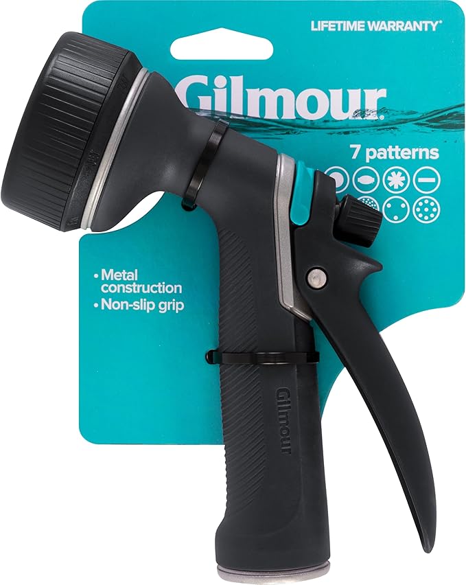 Gilmour Medium Duty Garden Hose Nozzle with 7 Adjustable Spray Patterns, Water Hose Nozzle for Watering Garden or Lawn, Black