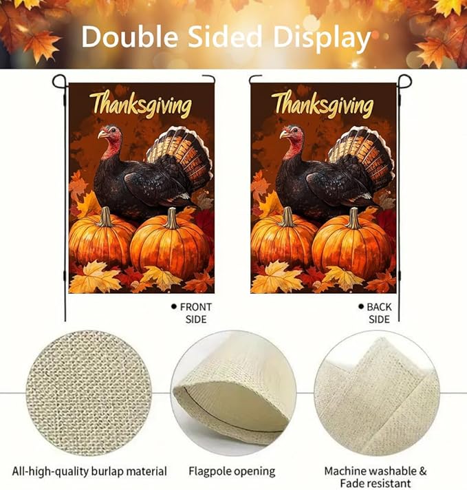 Thanksgiving Turkey Garden Flag 12x18 Double Sided, Small Burlap Seasonal Autumn Pumpkin Cardinal Garden Flag Fall Outdoor Yard Decorations Porch Lawn Flags for Outside
