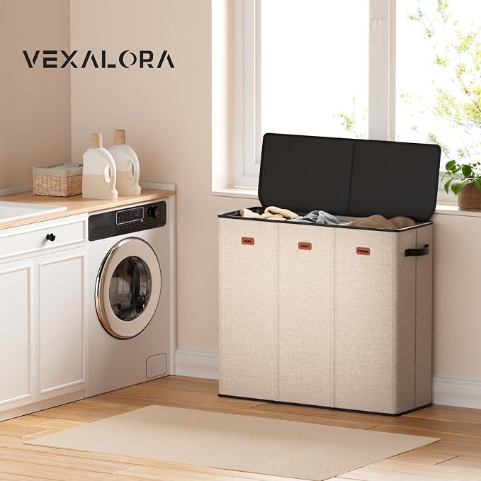 185L Laundry Hamper 3 Section, Laundry Hamper with Lid, Dirty Clothes Hamper with 3 Removable Washing Bags, Extra Large Laundry Basket Organizer for Bedroom, Laundry Room, Dorm - Khaki
