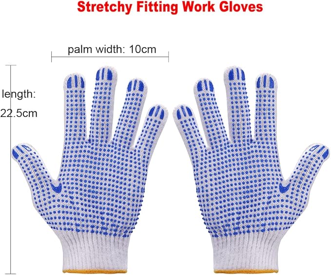 COOHORN 12Pairs Grip Safety Work Gloves Anti-slip Dots Bulk Gloves Moist Cotton Knit Gloves for Garage Warehouse Construction