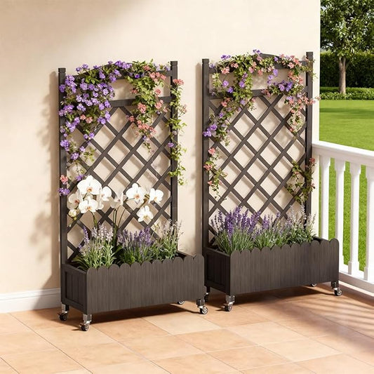 COMHOMA 2 Pack Raised Garden Bed with Trellis and Wheels,48Inch Elevated Planter Box with Drainage Holes,Lattice Privacy Screen for Climbing Plants Vegetables,Outdoor for Patio Balcony Yard,Brown