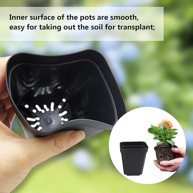 RooTrimmer Square Nursery Pots 2.7 Inch, Seed Starting Pot with Drainage Small Plastic Plant Pots Flower Planter (Black 1200pcs, 2.7" 1200P)