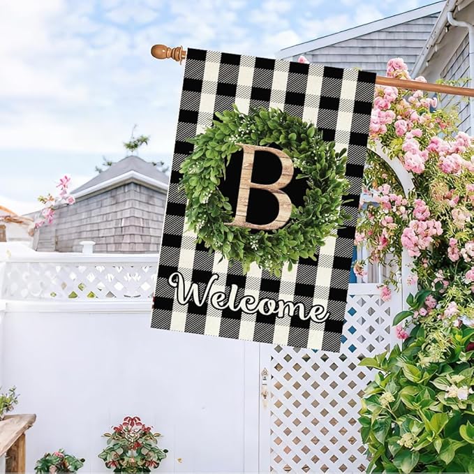 Baccessor Monogram Letter B Garden Flag 28 x 40 Inch, Buffalo Plaid Family Last Name Initial Boxwood Wreath Welcome Vertical Double Sided Large Flags for Outdoor Outside Decoration