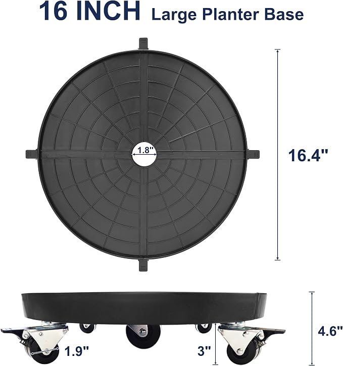 16 Inch Plant Caddy with Wheels Outdoor Indoor, Large Rolling Plant Stand for 500lb Heavy Duty Flower Pots, Round Plant Rollers Lockable Potted Planter Dolly, Black