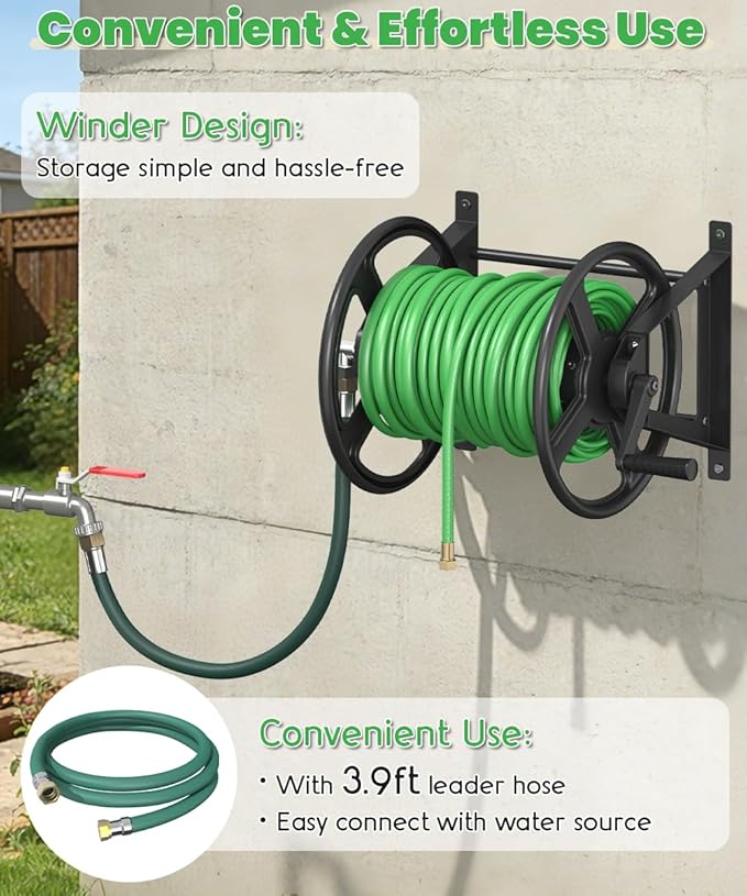 Garden Hose Reel Wall Mounted, Heavy-Duty Water Hose Holder Winder with 3.9 ft Leader Hose & Brass Fitting, Hose Hanger Storage Rack Holds 125-Feet of, 5/8-Inch, for Yard Lawn Farm, Black