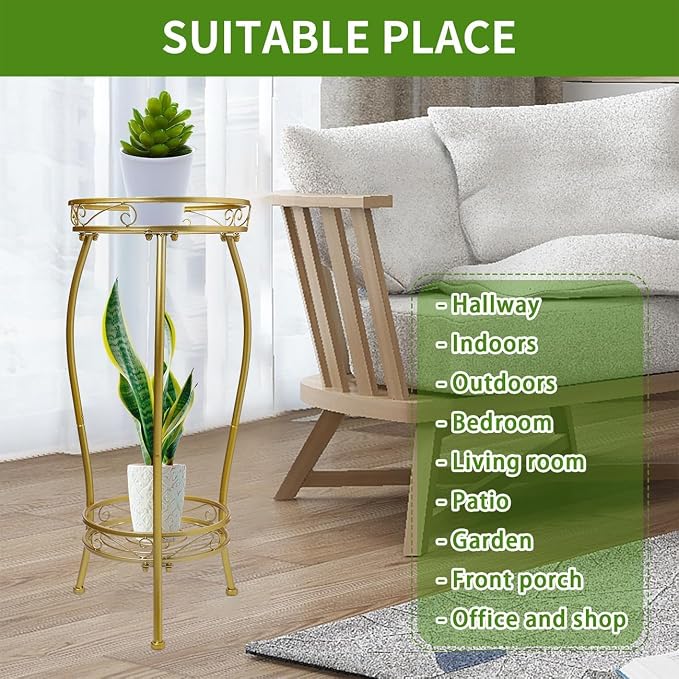 LOYAL TIGER Plant Stand Indoor Outdoor, 2 Tier 27" Tall Metal Shelf, Gold | Heavy Duty Plant Rack, Rustproof Metal, Stable 3-Leg Base, Holds up to 100 lb, Flower Pot Holder