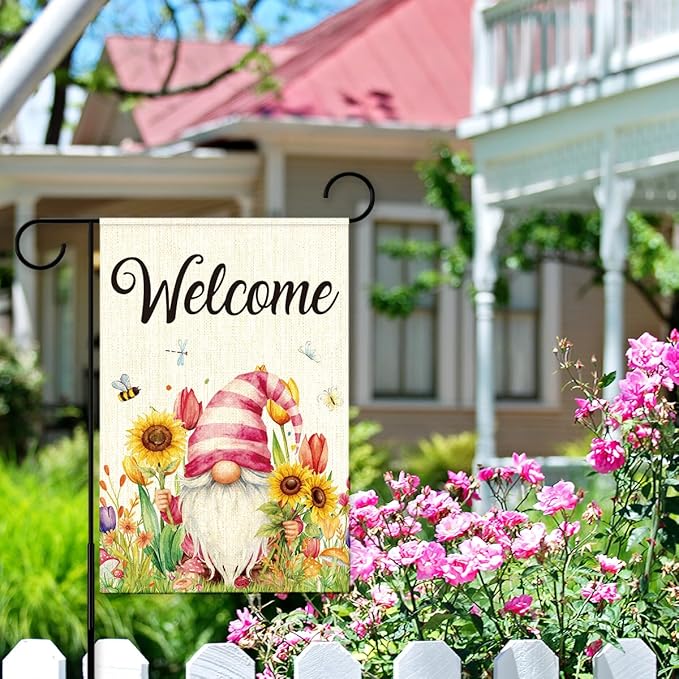 Welcome Flags for Outside,Spring Floral Gnome Garden Flag for Yard Patio Lawn Decoration,12x18 Inch Double Sided