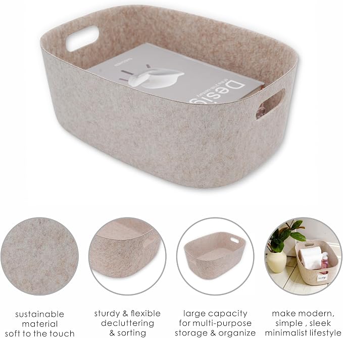 Welaxy Nordic Felt Storage Bin with Handles Beige Oatmeal Shelf Basket | Sustainable material soft yet sturdy,multi-purpose storage, sleek minimalist lifestyle