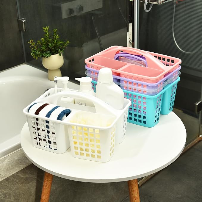 ALINK Plastic Shower Caddy Basket with Compartments, Portable Divided Cleaning Supply Storage Organizer with Handle for College Dorm Bathroom - Clear