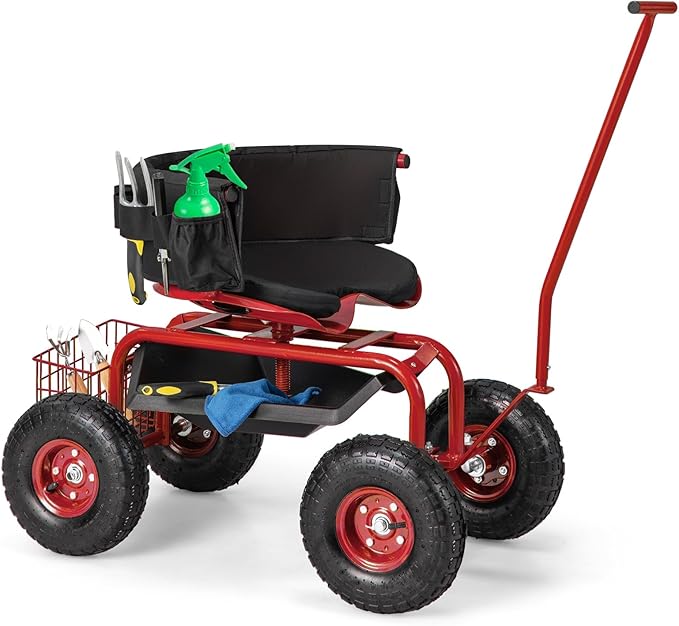 Goplus Rolling Garden Seat with Wheels, Outdoor Garden Cart with 360° Swivel Seat & Tool Storage, 2 Steering Handles, Gardening Stool Wagon Scooter, Lawn, Patio Gardening Workseat for Seniors