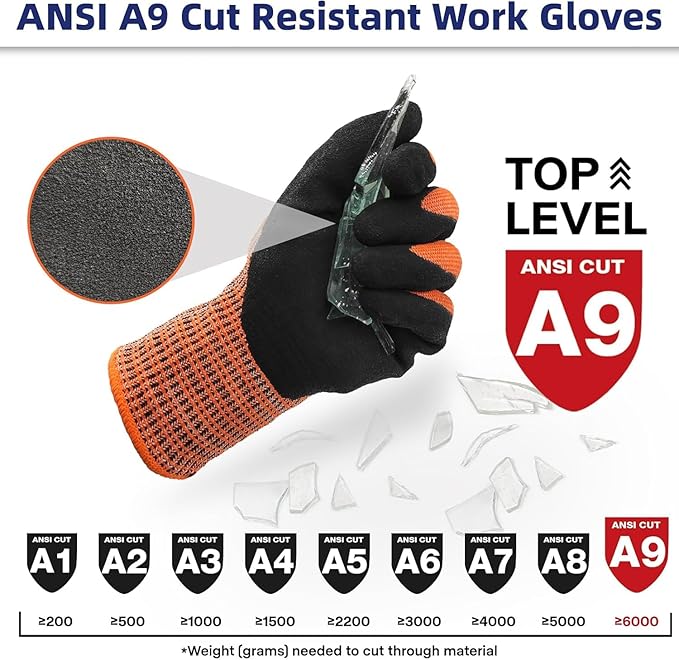 Schwer ProGuard Highest Level Cut Resistant Work Gloves PR3326 for Extreme Protection, ANSI A9 Cut Gloves with Reinforced Thumb, Non Slip, Durable, Touch-screen, Orange 2 Pairs（M）