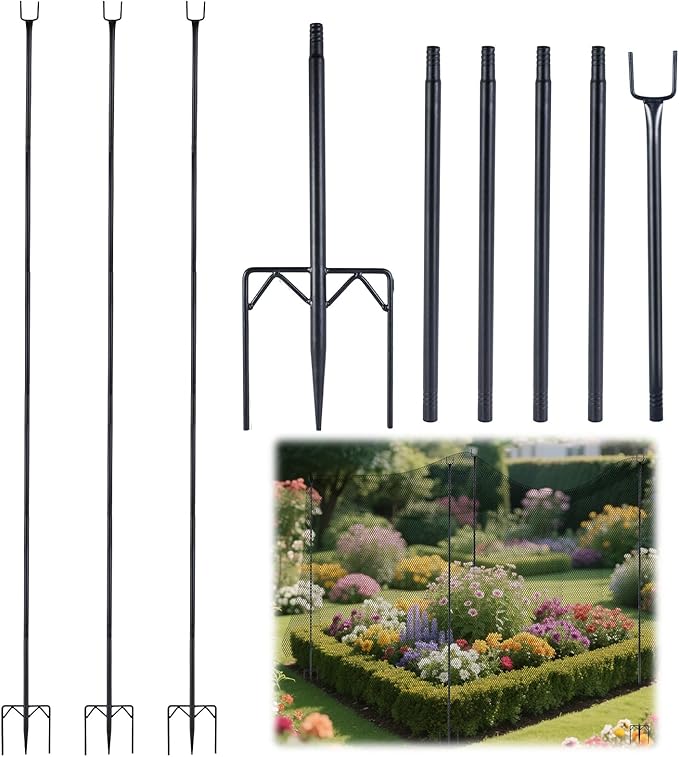 4 Pack 7.2ft Metal Garden Netting Support Stakes, Heavy Duty Garden Netting Pole with 50 Tie Rustproof Gardening Fence Stake Crop Cage Protection Post Frame for Support Fruits Garden Bed Plant Net