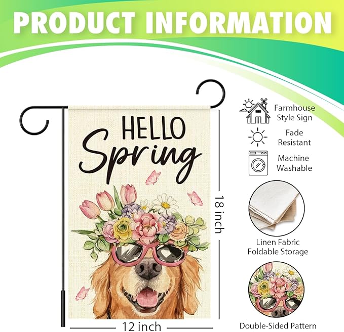 Hello Spring Flags for Outside,Golden Retriever Garden Flag for Yard Patio Lawn Decoration,12x18 Inch Double Sided
