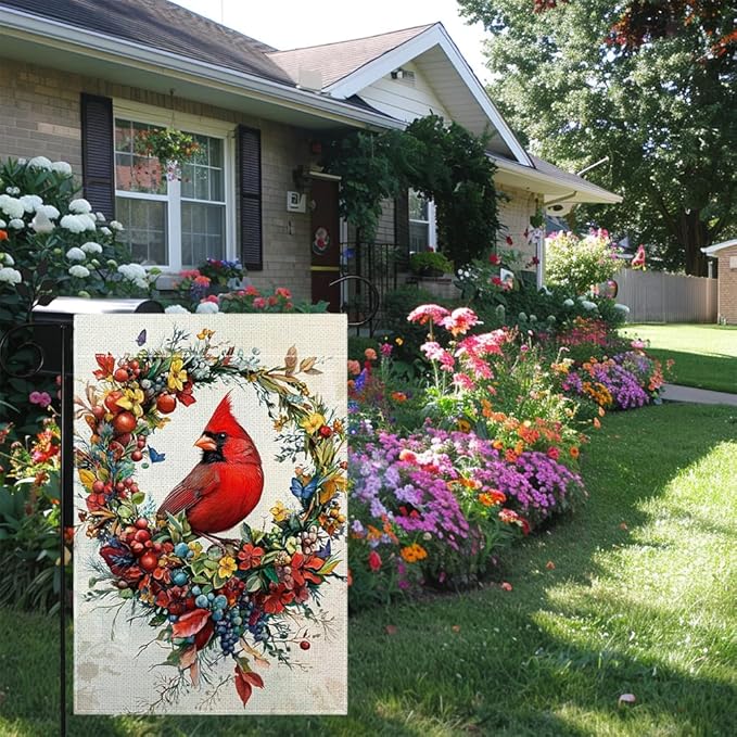 Spring Summer Cardinal Bird Garden Flag 12x18 Inch Double Sided, Welcome Yard Decor, Farmhouse Outdoor Flag for Lawn Patio Porch