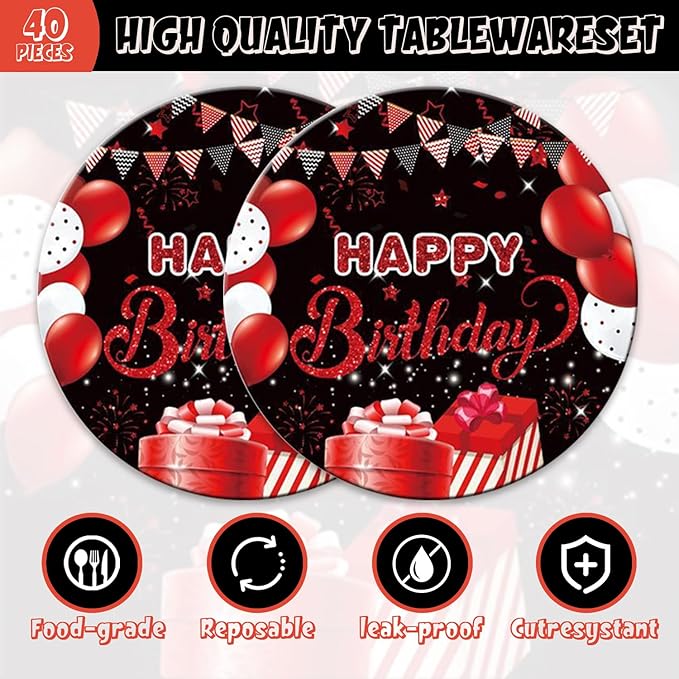 48Pcs Red and Black Birthday Decorations,Birthday Party Supplies Plates Napkins and Forks Set for Men Women，Serves 16