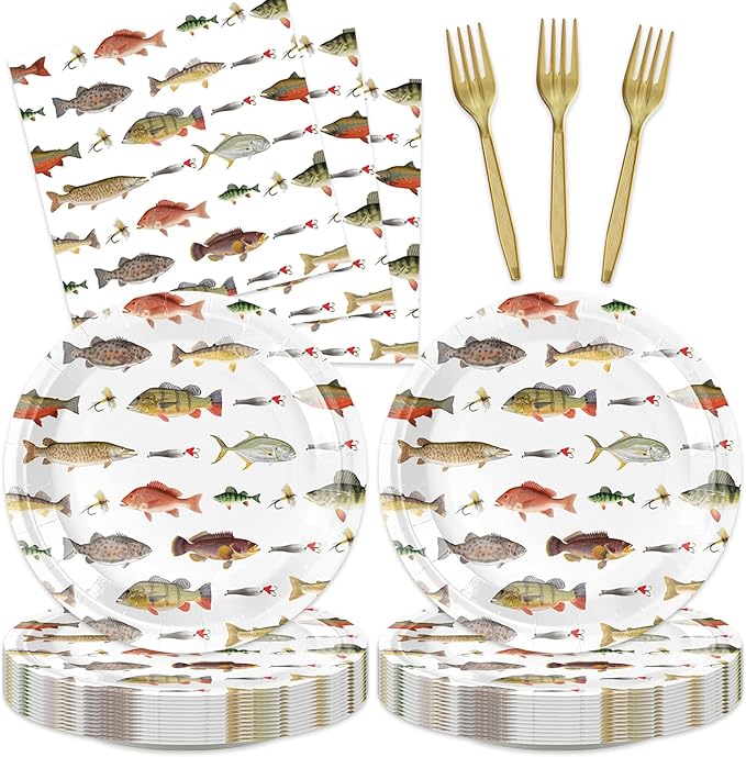 48Pcs Go Fishing Birthday Party Decorations - Ofishally One Gone Fishing Paper Plates Napkins Forks Birthday or Baby Shower Supplies Set for 16 Guests