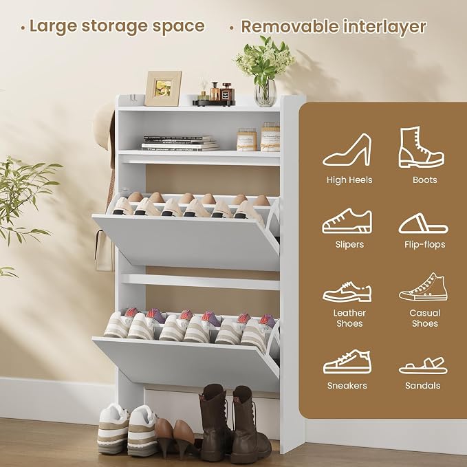 Slim Shoe Cabinet with 2 Flip Drawers & Open Storage, 23.6" W White