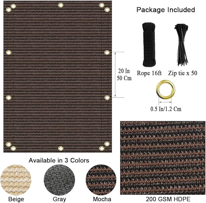 90% Sun Shade Cloth, 8x20 FT Pergola Shade Patio Cover, UV-Resistant, Breathable Sunshade Screen Fabric for Outdoor, Camping, RV, Garden, Deck, Porch, Backyard (Mocha)
