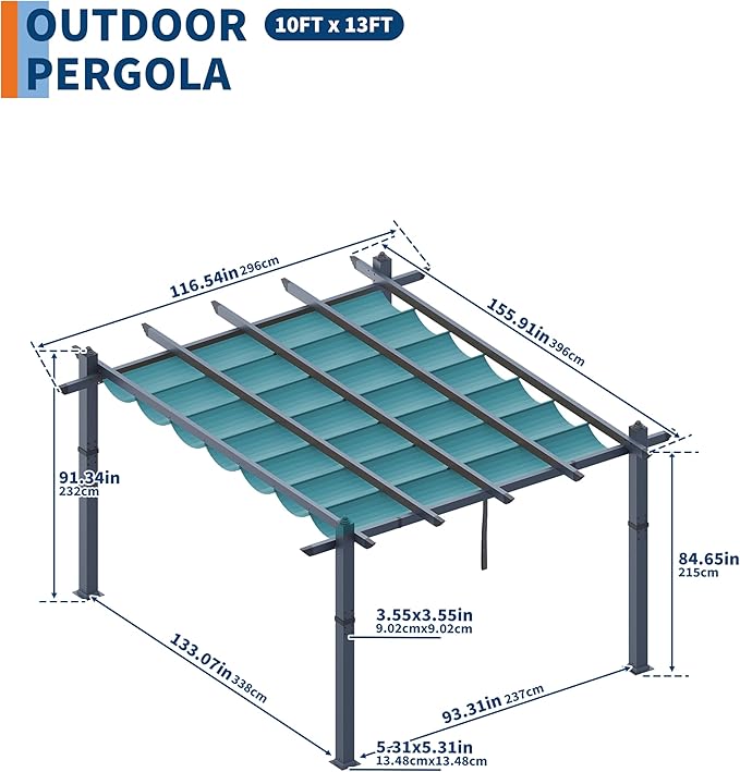 GarveeLife 10x13 ft Outdoor Pergola Metal Gazebo with Adjustable Canopy Reinforced Frame Outdoor Shelter for Backyard Garden Deck - Blue