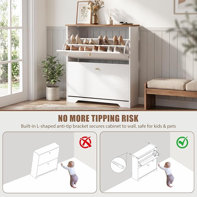 Nicetree Shoe Cabinet, 2 Flip Drawers Slim White Walnut Top Entry Storage