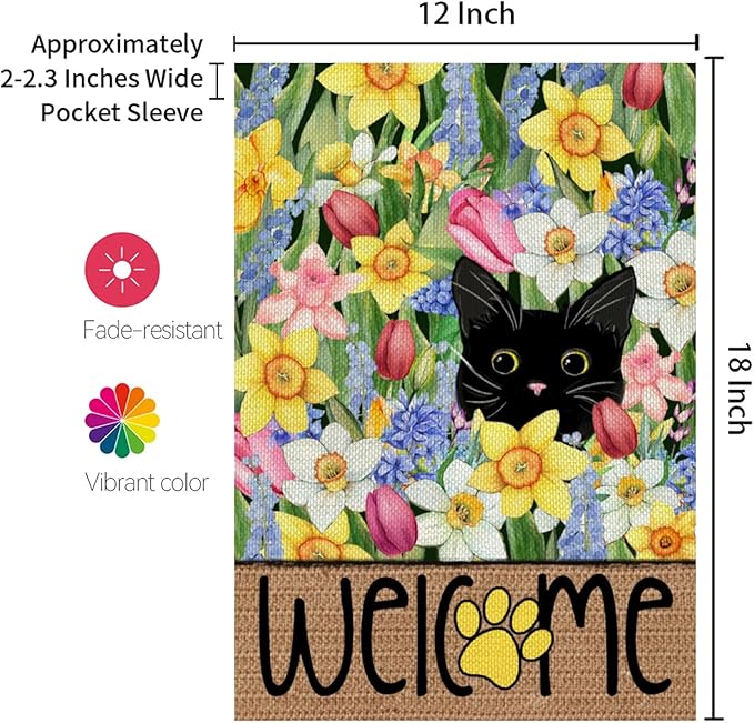 CROWNED BEAUTY Spring Garden Flag Black Cat 12x18 Inch Double Sided Small Seasonal Holiday Floral Decoration for Outdoor Lawn Yard
