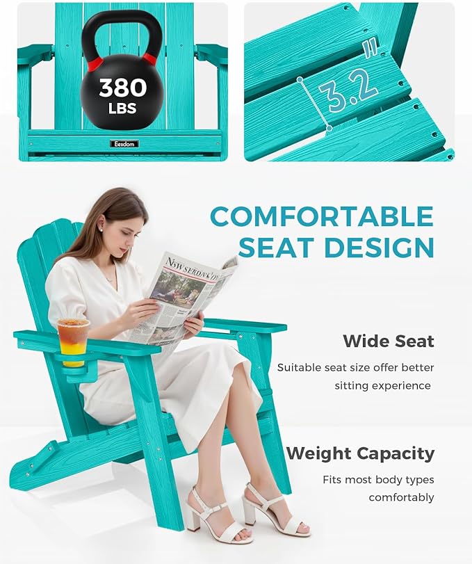 Folding Adirondack Chair, HDPE Adirondack Chair with 2 Cup Holders, Pre-Assembled Outdoor Fire Pit Chairs for Patio, Garden, Poolside, Lakeblue