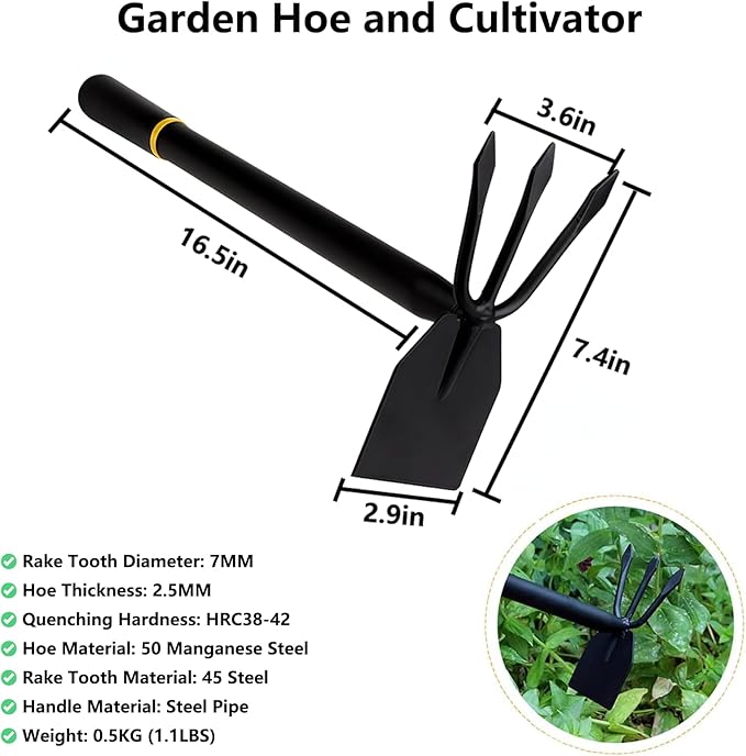 Hoe and Cultivator, Hoe Garden Tool, Hand Hoe Cultivator Garden Tool, Thickened Manganese Steel, Garden Hoe for Weeding, Planting, Loosening Soil, Digging，No Assembly Required