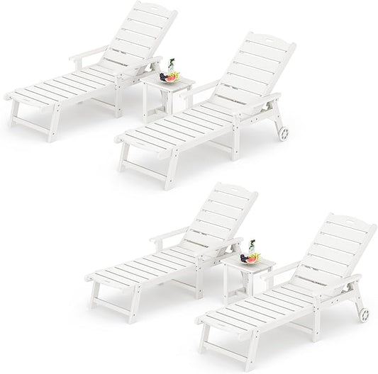 LUE BONA Chaise Lounge Chair with Table, 6-Piece, HDPS Chaise Lounger, 5 Positions Adjustable Lounge Chairs, Pool Lounge Chair with Wheels for Poolside, Backyard, White