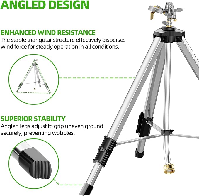 SPECILITE Brass Impact Sprinkler on Tripod Base, 50” Heavy Duty Metal Pulsating Telescoping Sprinkler, 360 Degree Irrigation for Large Area, Yard, Lawn, Waters up to 90ft, Covering up to 6360sqft