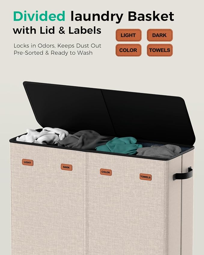 185L Laundry Hamper 4 Section with Lid & Removable Bags | Collapsible laundry basket organizer for laundry room, bedroom & dorm with 5 removable washing bags