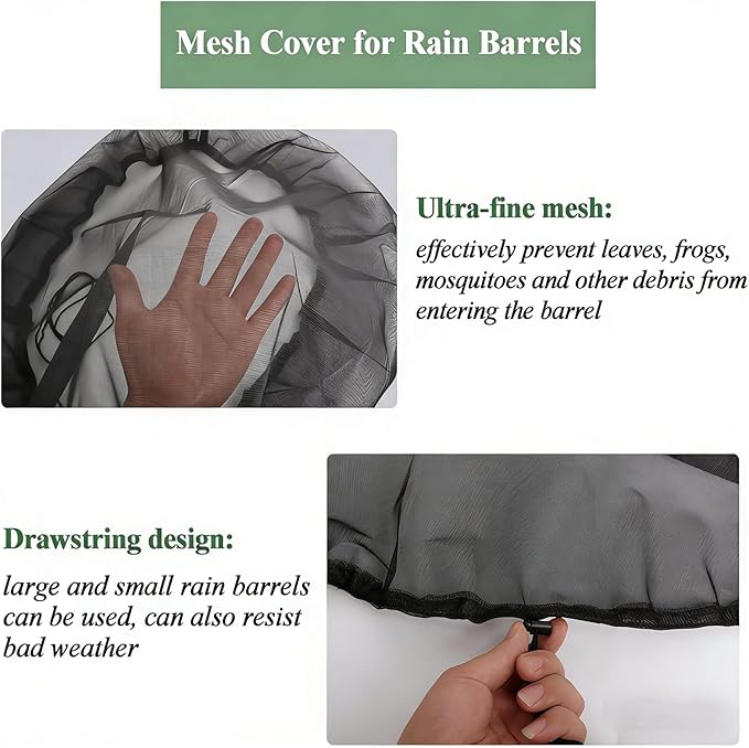 4Pack 39’’ Mesh Cover for Rain Barrel with Drawstring Water Collection Buckets Cover Rain Collection Barrels Netting Screen to Keep Leaves and Debris Out