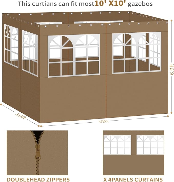 Gazebo Privacy Curtains 10' x 10' with PVC Windows, 4-Panels Side Wall with Zipper Universal Replacement for Patio, Outdoor Canopy, Garden and Backyard