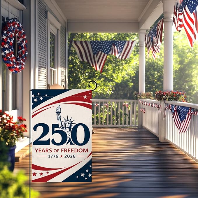 BLKWHT 250 Years America Garden Flag 12x18 Vertical Double Sided 1776-2026 USA 250th Anniversary Freedom Banner 4th of July Patriotic Outside Decorations Burlap Yard Flag BW868
