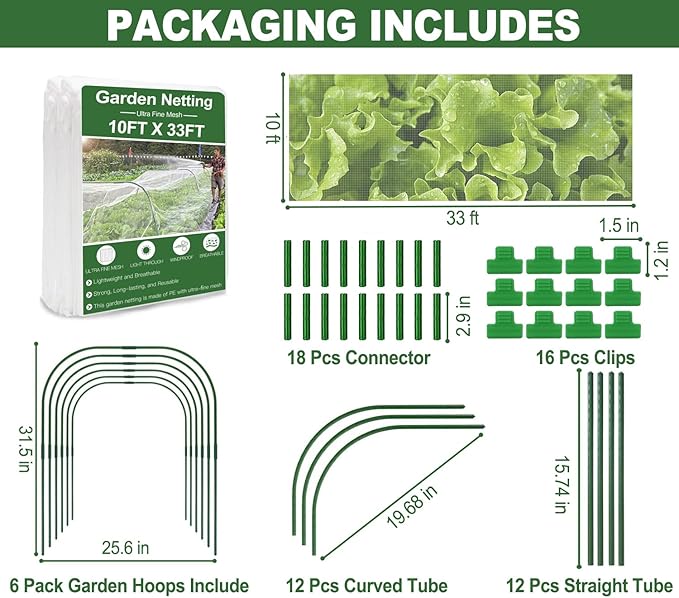 Garden Mesh Netting Kit, 10 * 33ft Ultra Fine Netting with 6pcs Garden Hoops for Raised Beds, Plants Cover Net for Vegetable Fruit, Animals Barrier Protection Greenhouse Row Cover