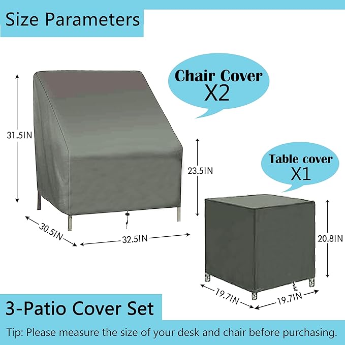 Patio Furniture Chair Covers Set, 3PCS Outdoor Garden Furniture Sofa Cover with 420D Durable Waterproof, Fit for Outdoor Wicker/Rattan Chair Conversation Sets