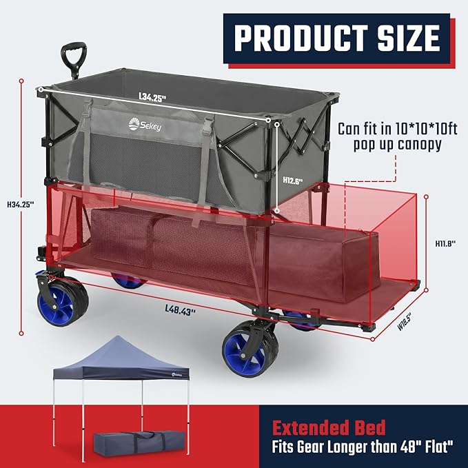 Sekey 500LBS Heavy Duty Double Decker Wagon with Extender, 400L Large Capacity Collapsible Garden Cart Fits 10x10 Canopy, All-Terrain Big Wheels with Brakes, Foldable Utility Wagon for Sports, Camping
