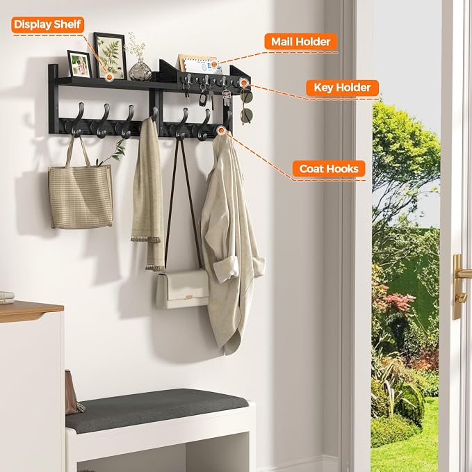 Evermagin 29" Coat Rack Wall Mount with Shelf for Entryway, Black